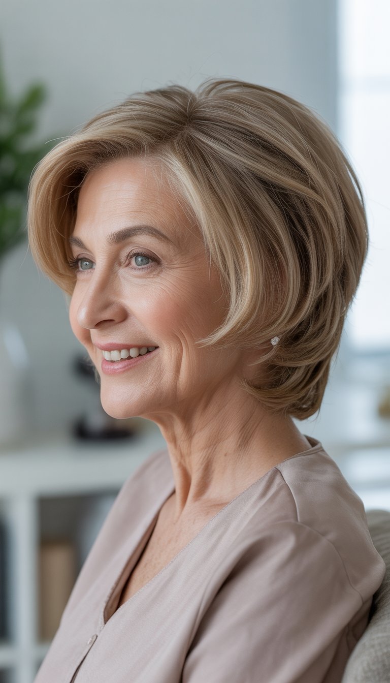A smiling mature woman with thin hair styled in a layered haircut, sitting in a bright studio with a neutral background.