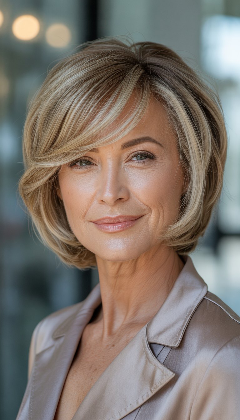 A smiling woman over 60 with a layered bob haircut and side-swept bangs, looking confidently at the camera.