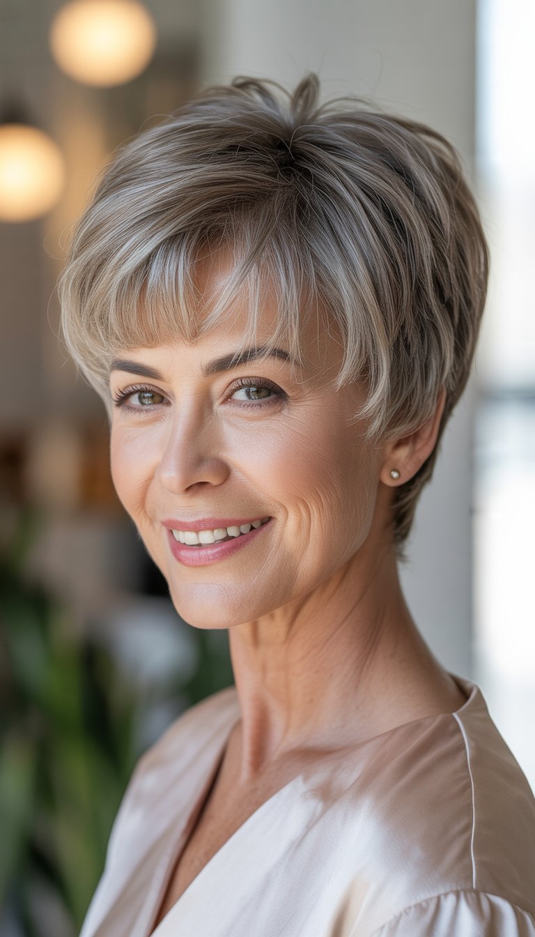 A smiling older woman with short textured hair and bangs, looking confidently at the camera.