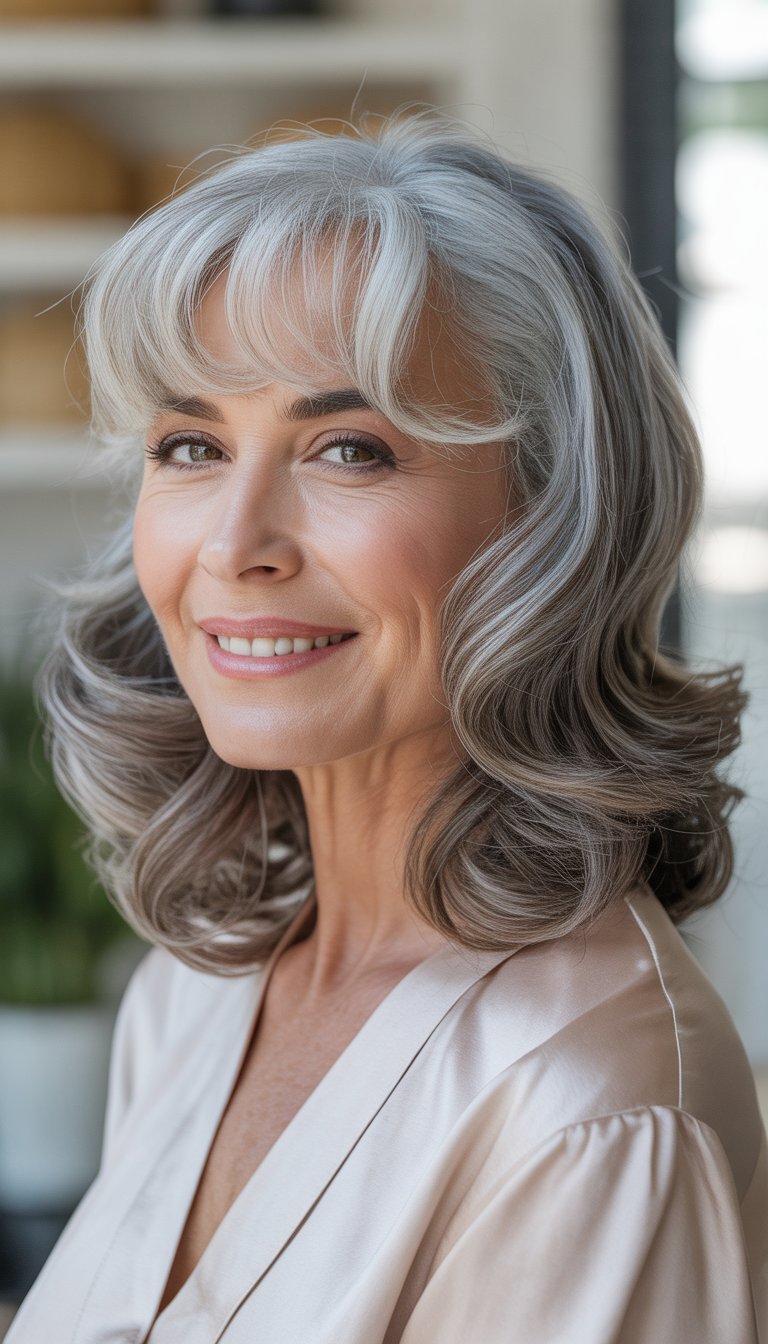 Portrait of a smiling older woman with soft wavy hair and curtain bangs.