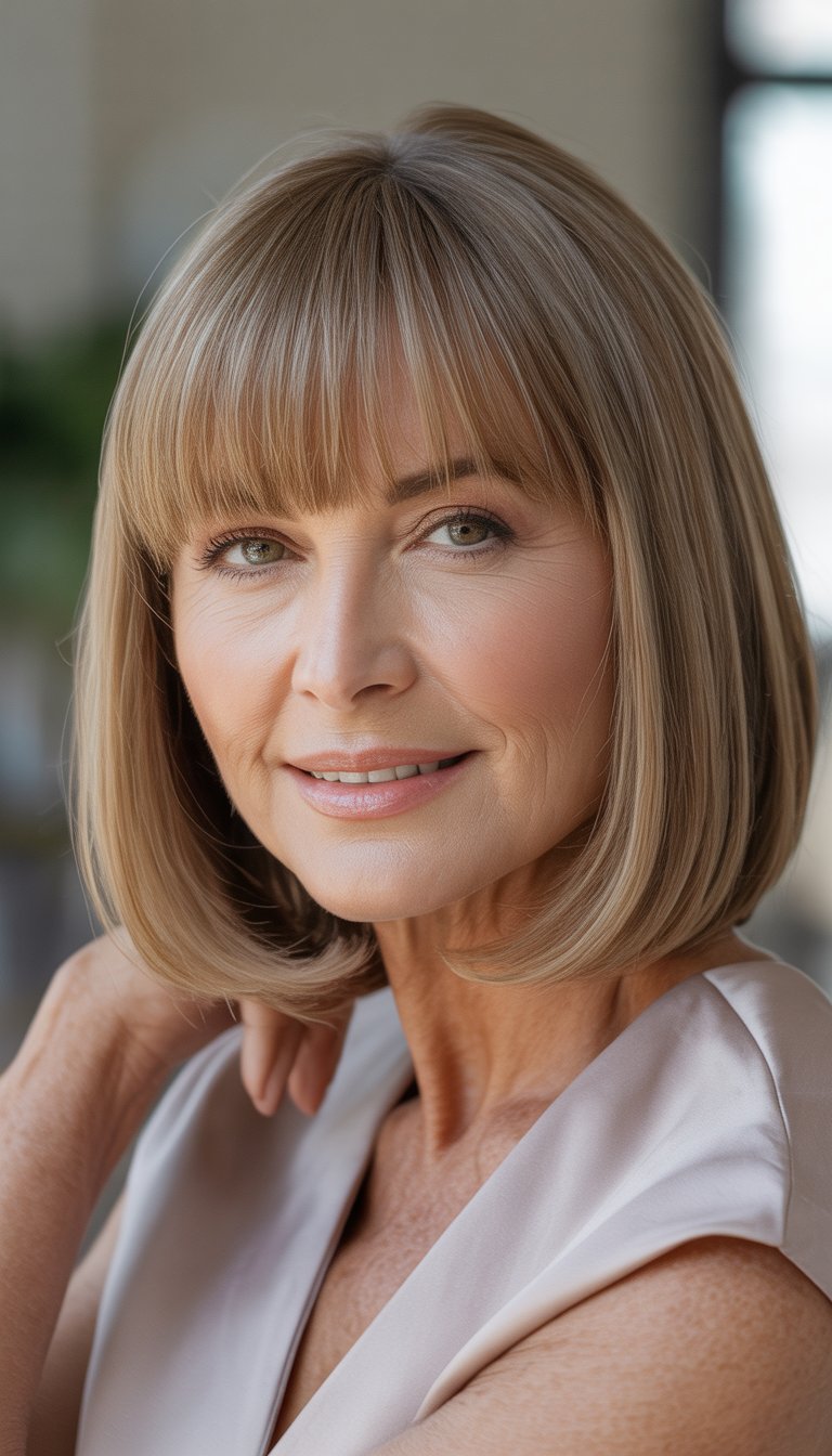 Portrait of a smiling older woman with chin-length straight hair and bangs, looking at the camera.