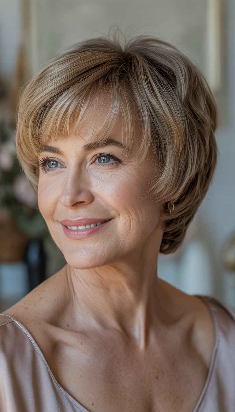 Portrait of a smiling older woman with short layered hair and bangs, looking slightly away from the camera.
