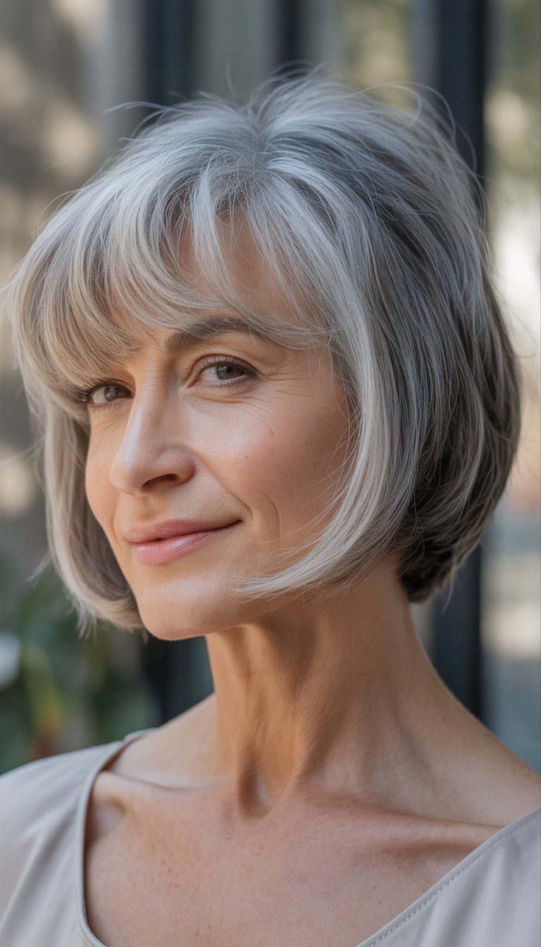 Portrait of a smiling older woman with short silver-gray hair and bangs, looking confidently at the camera.