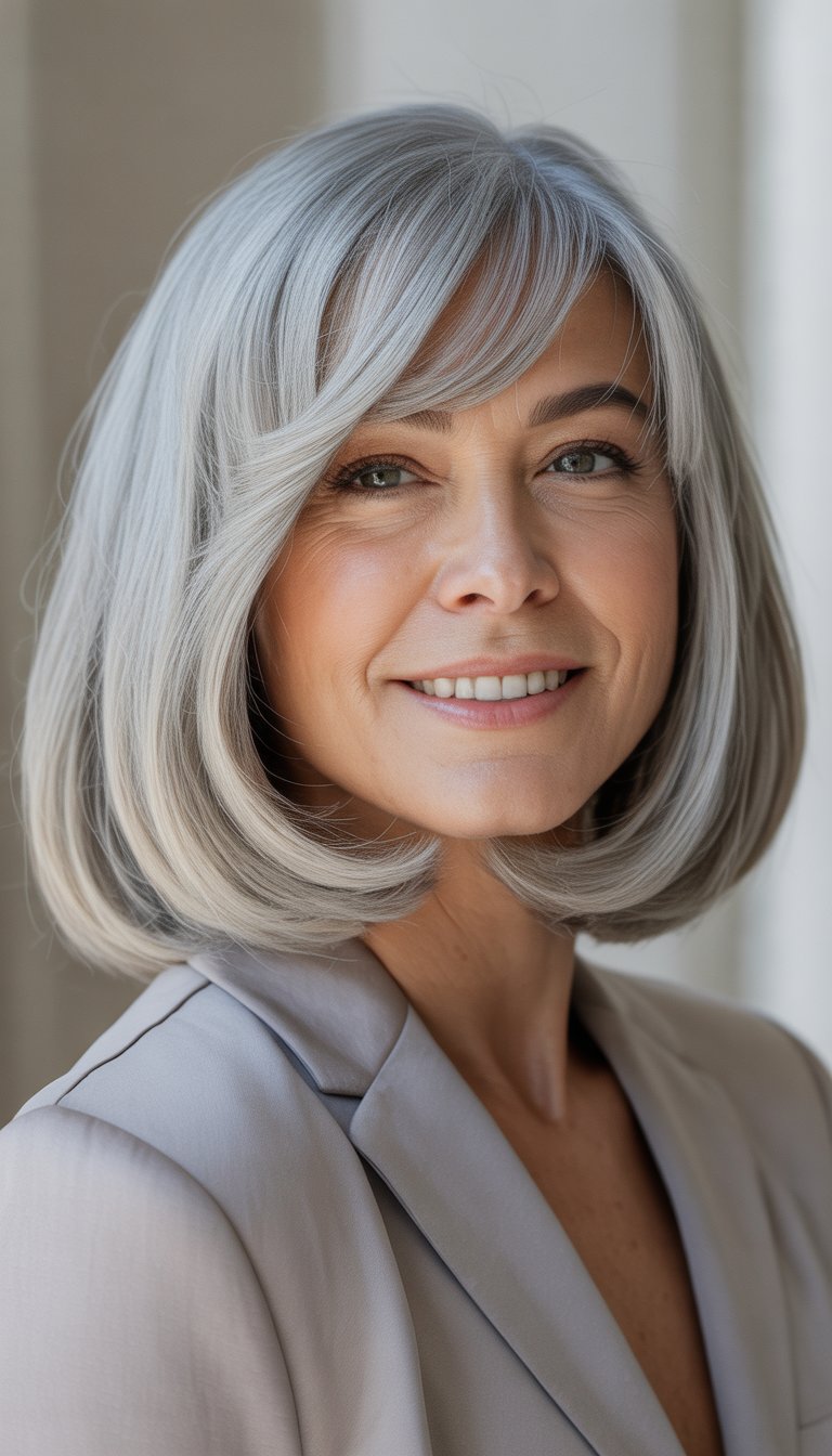 Portrait of a smiling older woman with shoulder-length hair and side bangs against a neutral background.