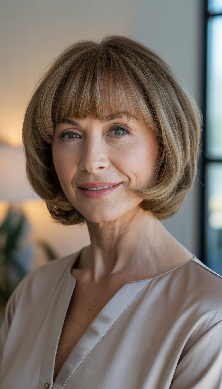 Portrait of a smiling older woman with a bob haircut and full bangs, wearing a blouse against a softly blurred background.