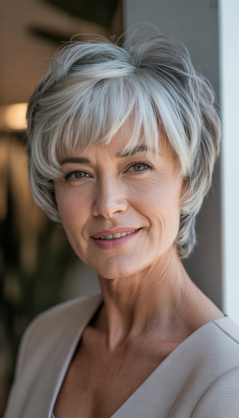A smiling older woman with short silver-gray hair and micro bangs, looking at the camera.