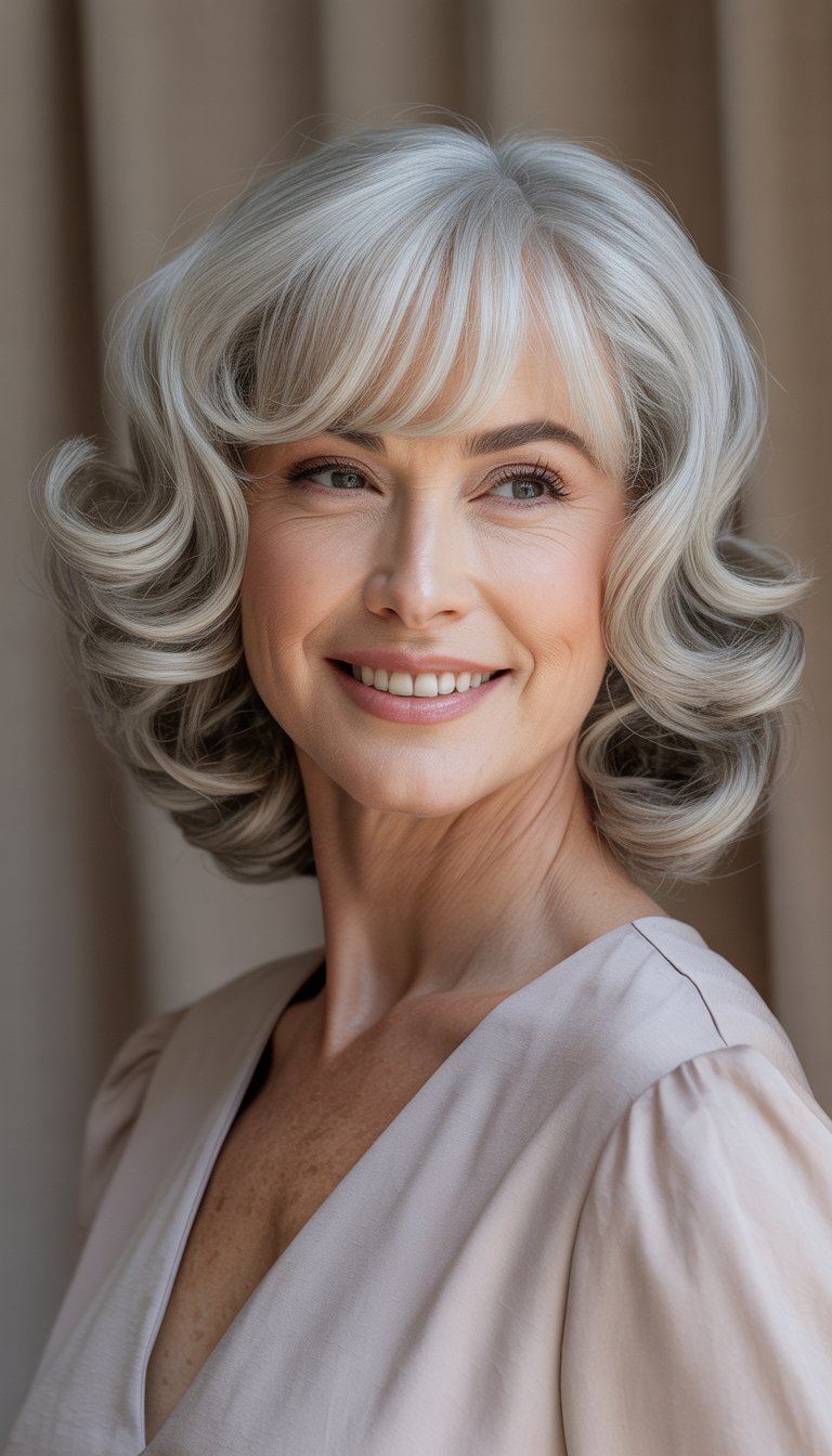 A smiling older woman with soft curls and curtain bangs hairstyle looking at the camera.