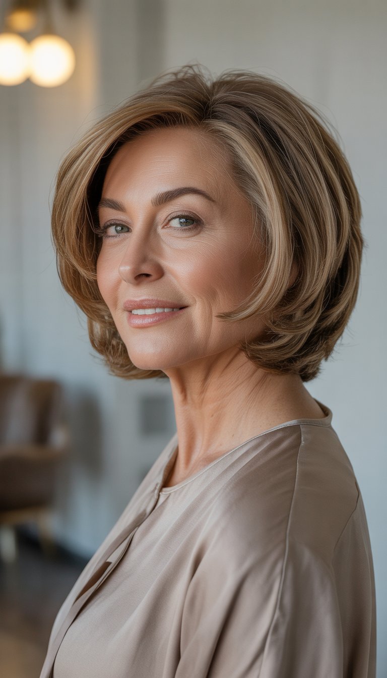 Portrait of a smiling older woman with a round face and a layered bob haircut against a neutral background.