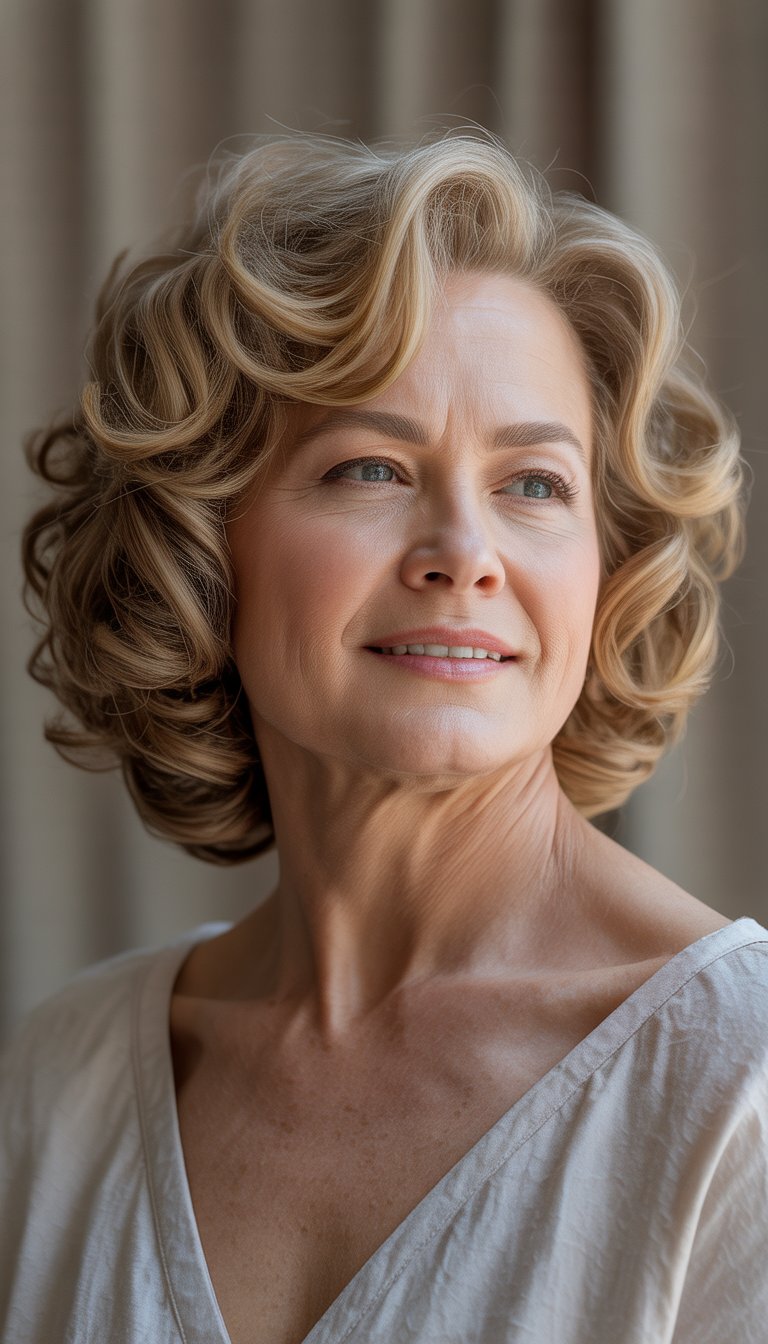 Portrait of a smiling older woman with chin-length curly hair and a round face.