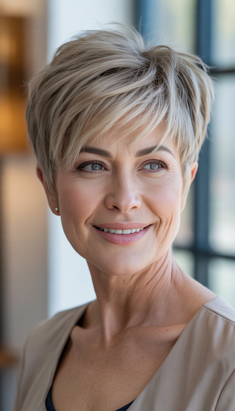 Portrait of a smiling older woman with short asymmetrical hair against a softly blurred background.