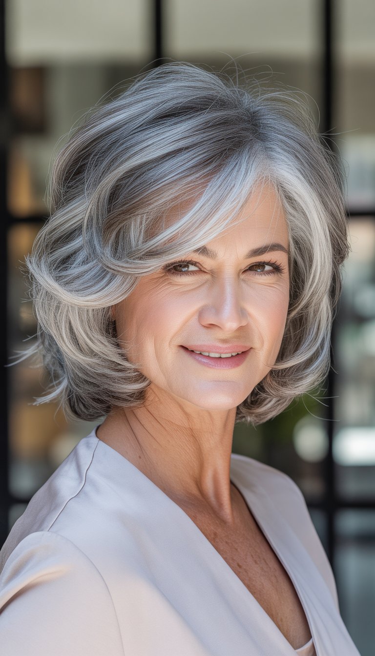 Portrait of a smiling older woman with silver-gray shoulder-length hair and a round face.