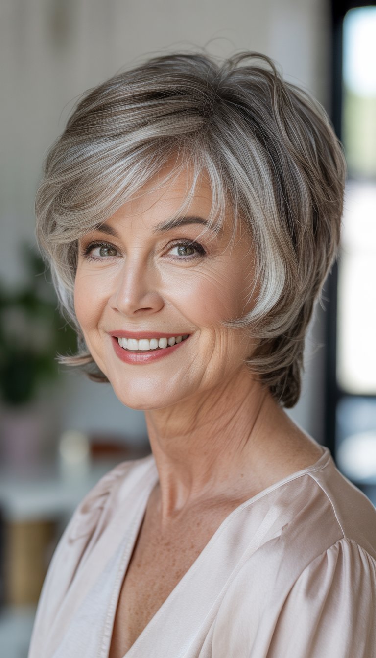 A smiling older woman with gray feathered layered hair framing her round face.