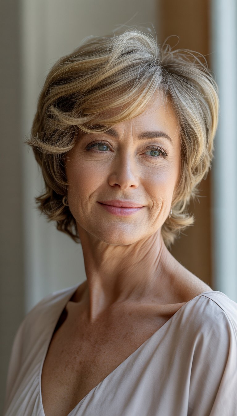 Portrait of a smiling woman over 60 with short tousled wavy hair and a round face, looking at the camera against a neutral background.