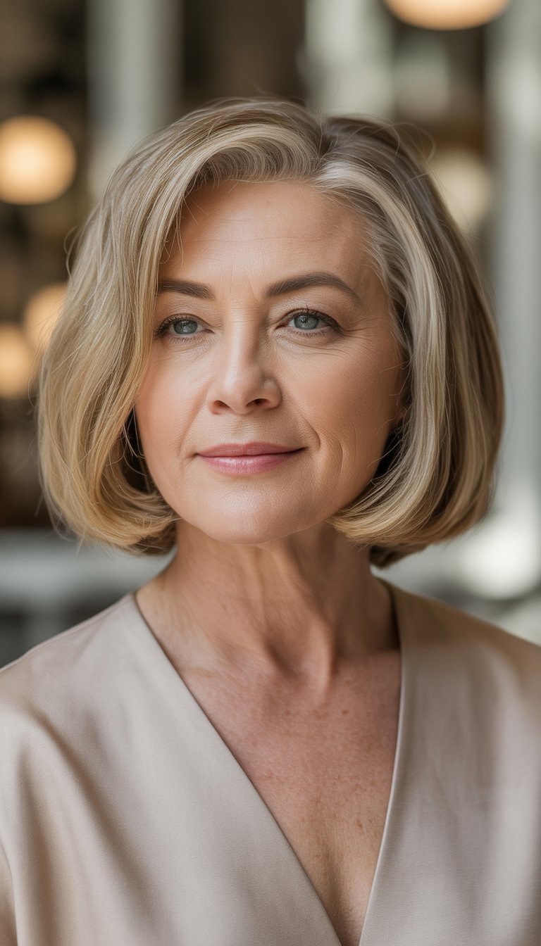 Portrait of a smiling mature woman with a round face and a blunt bob haircut.