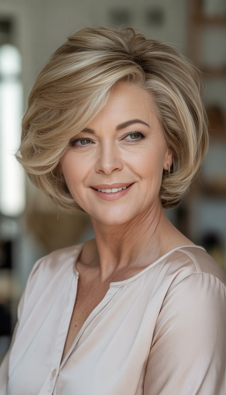 Portrait of a smiling older woman with a round face and a voluminous stacked bob haircut.