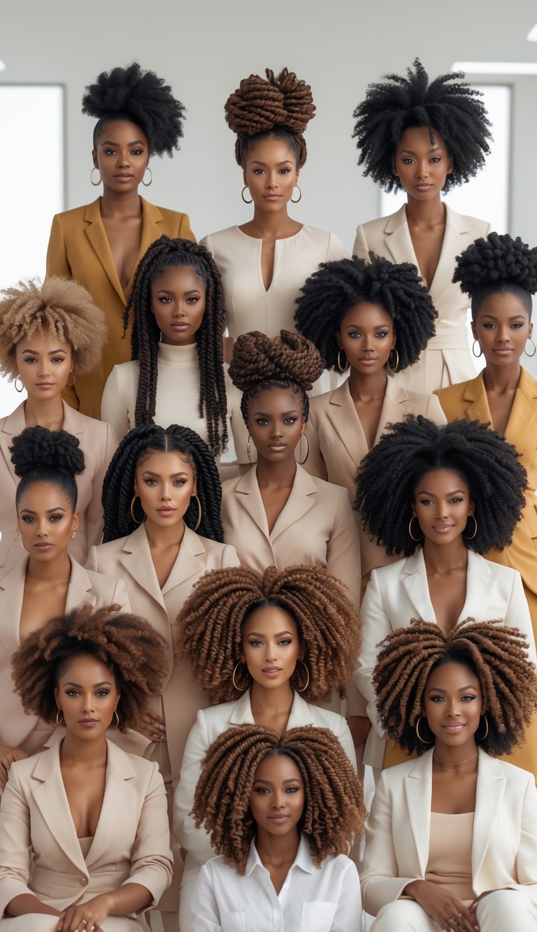 A group of Black women with diverse natural twist out hairstyles posing together in a bright studio.