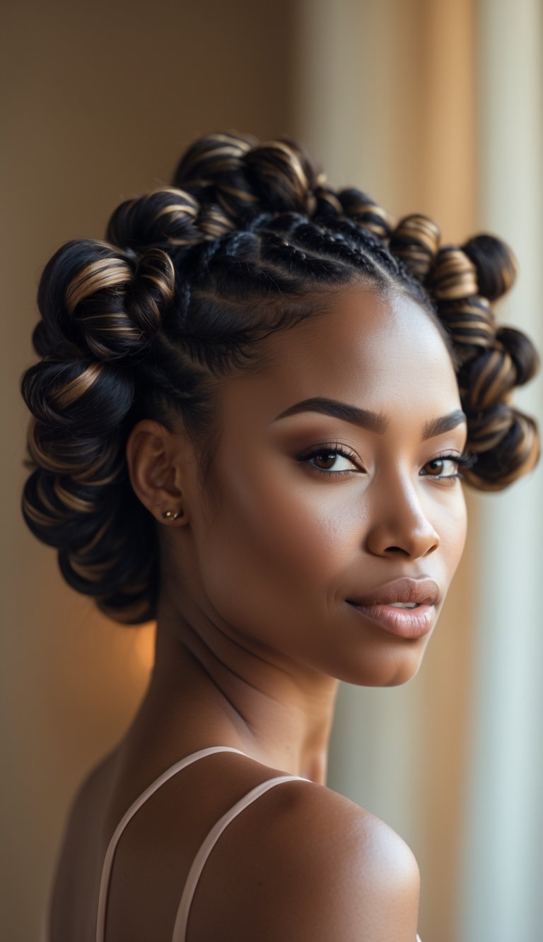 A Black woman with neatly styled Bantu knots on her natural hair, looking calmly to the side against a softly blurred background.