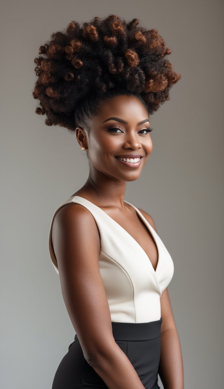 A Black woman smiling with a styled afro puff hairstyle against a neutral background.