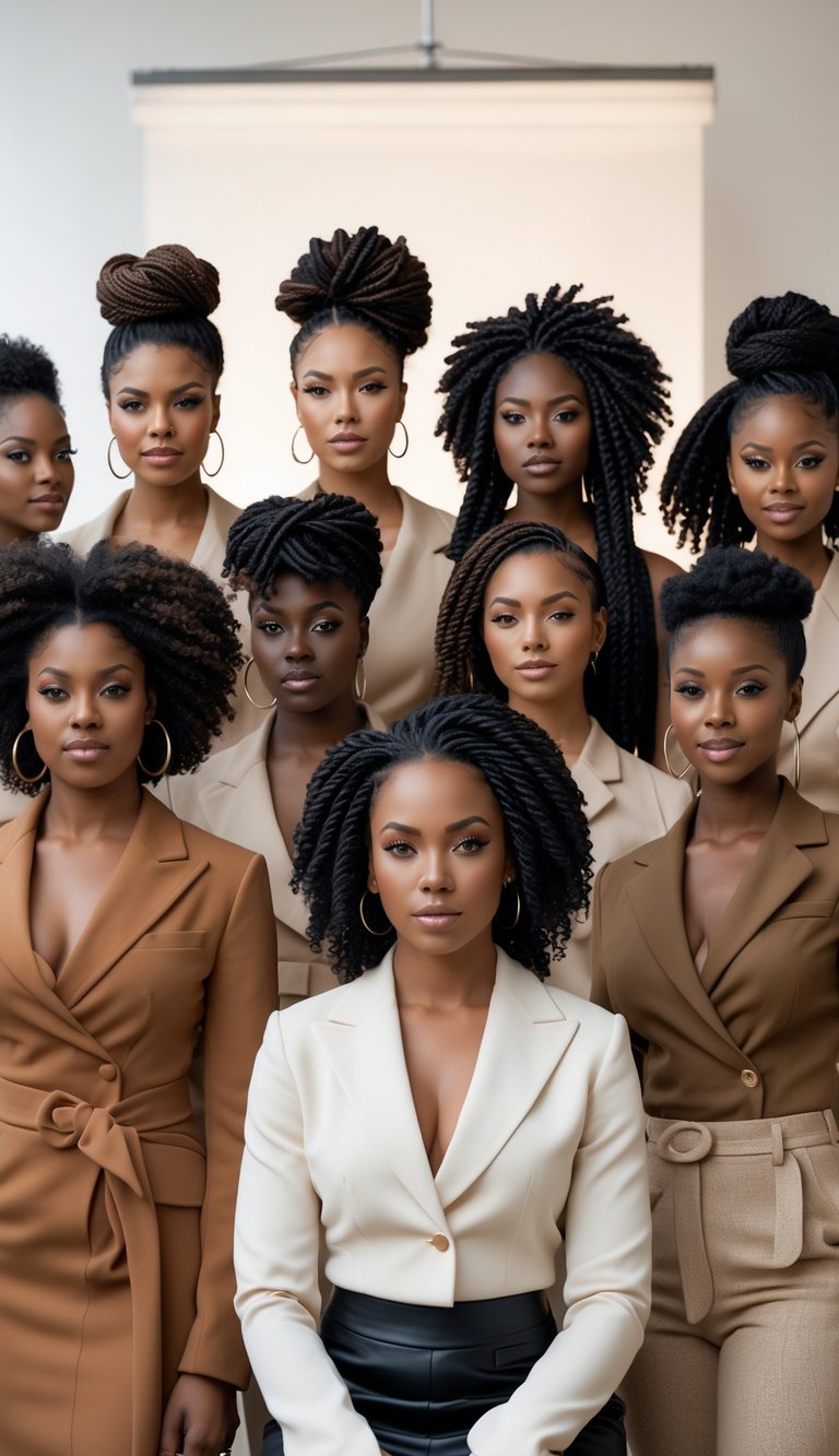 A group of Black women with different flat twist hairstyles posing together in a bright studio.