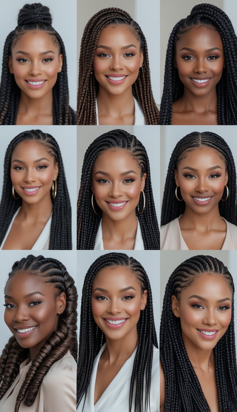 A group of Black women smiling and posing to showcase various cornrow hairstyles against a plain background.