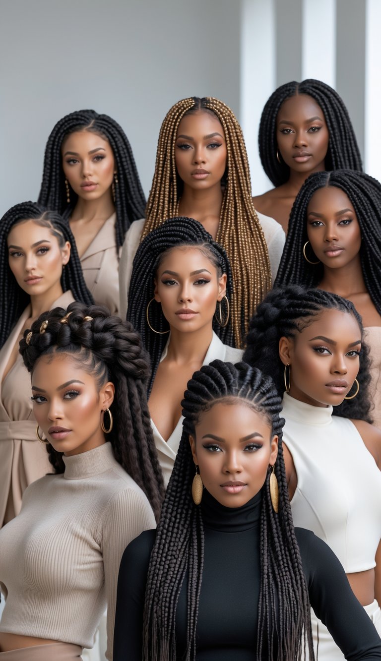 A group of Black women with various beautiful braided hairstyles standing together in a bright studio.