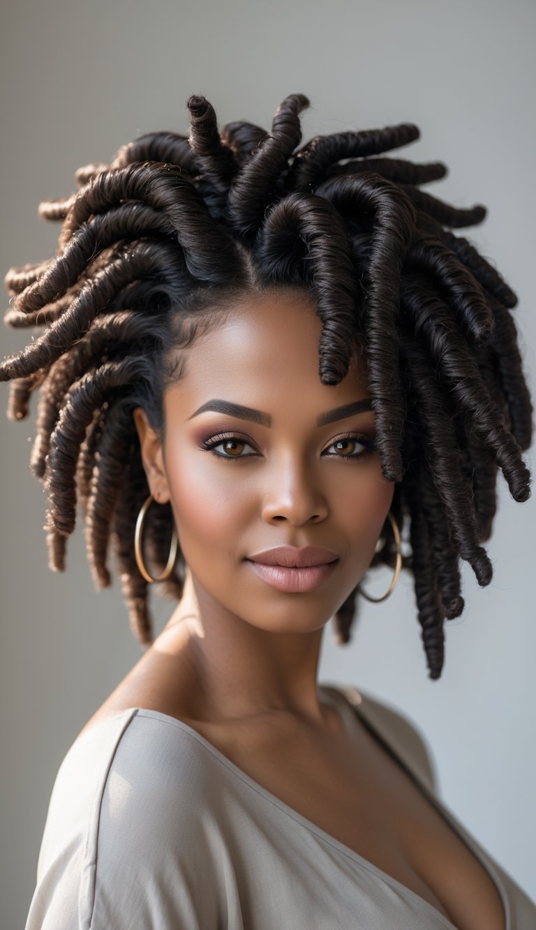 A Black woman with neatly styled finger coils smiling gently against a plain background.