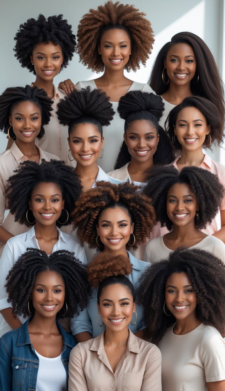 A group of Black women with various natural hairstyles smiling and posing together in a bright studio.
