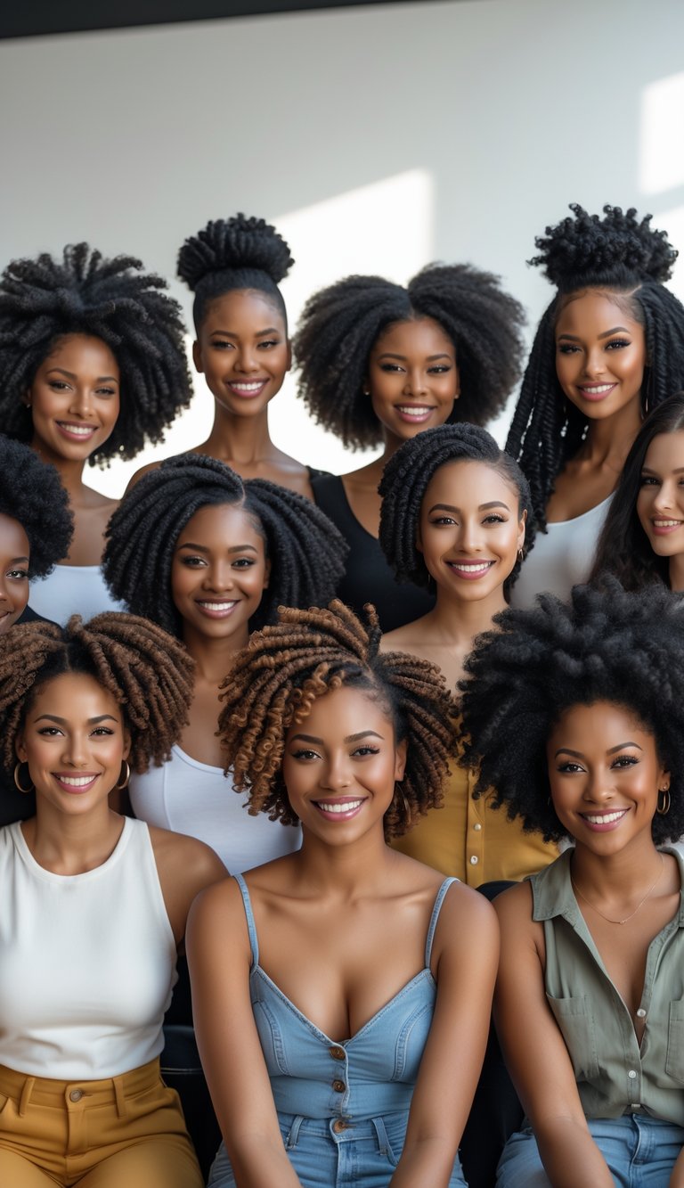 A group of Black women with various short natural afro hairstyles smiling together in a bright studio.