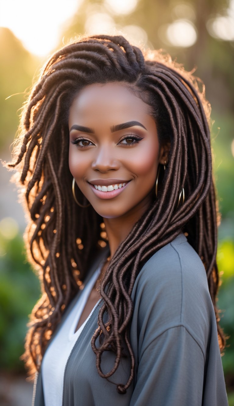 A Black woman outdoors smiling, showing her long, styled faux locs with a blurred background of greenery.