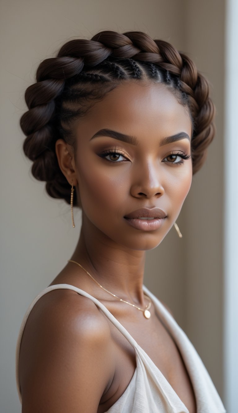 A Black woman with a halo braid hairstyle, looking confidently at the camera against a neutral background.