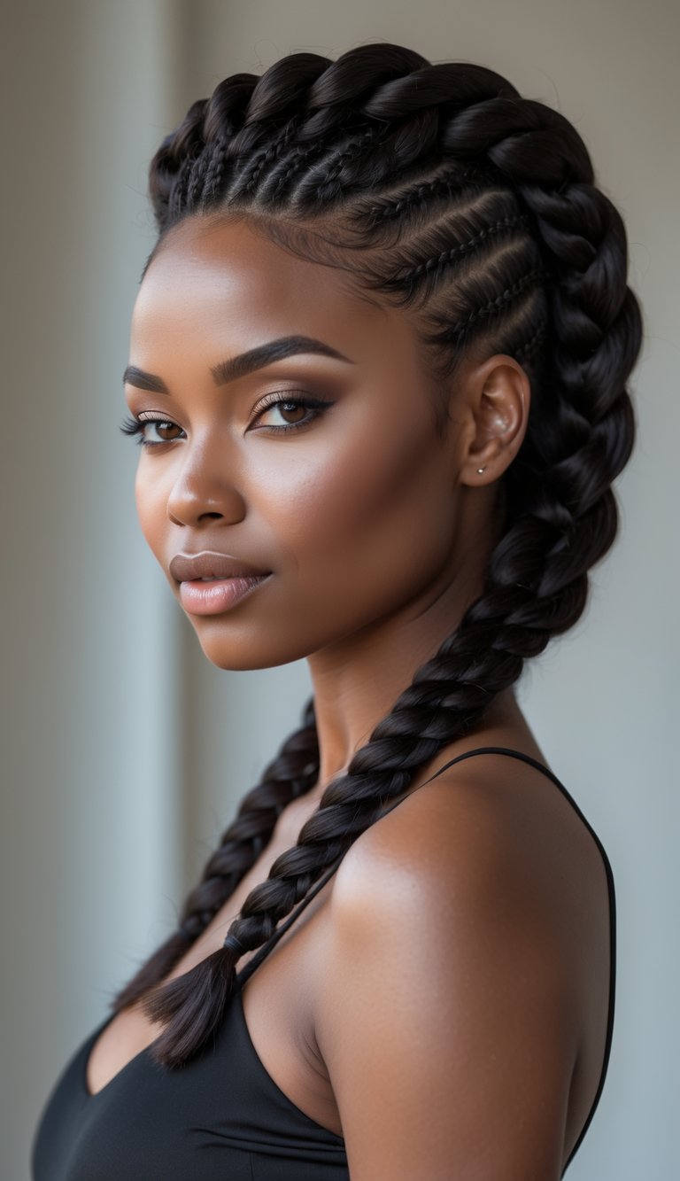 A Black woman with a Mohawk braid hairstyle posing against a neutral background.