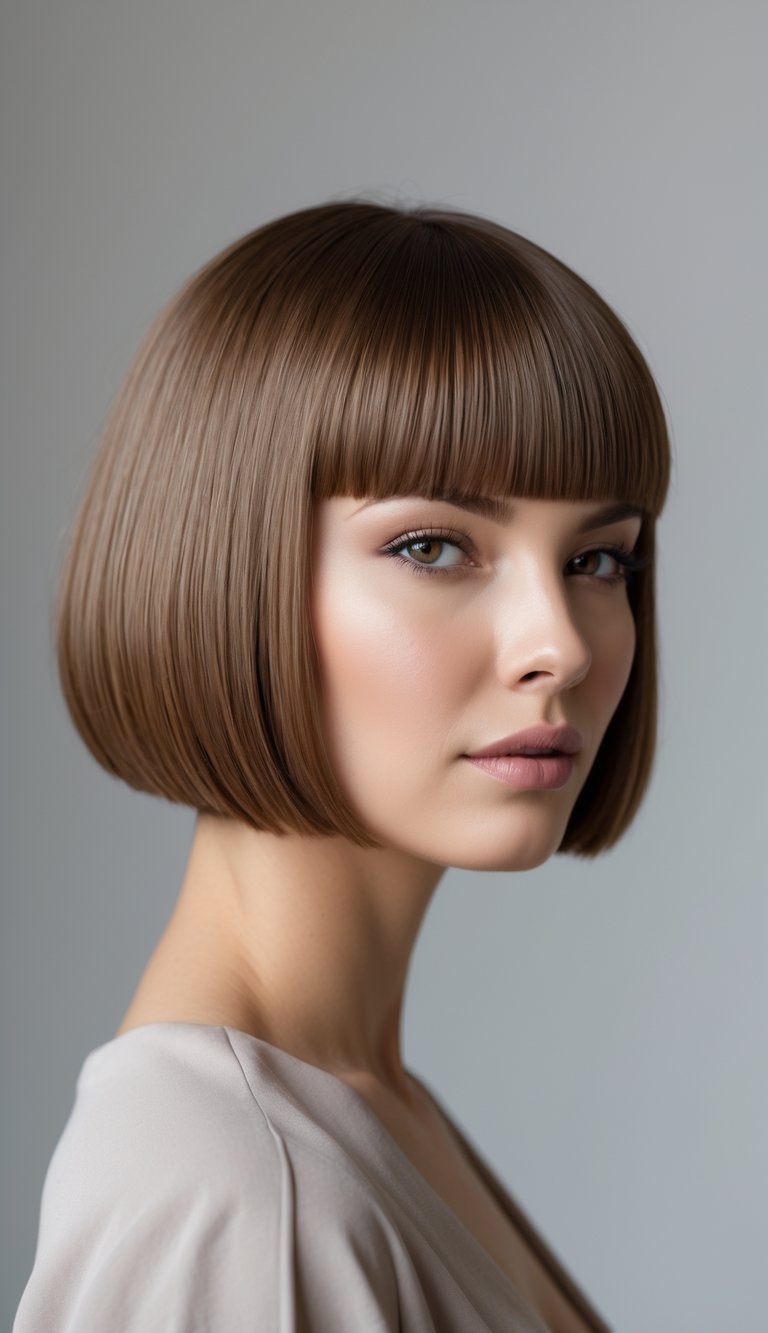 Portrait of a woman with a short bob haircut and straight bangs against a plain background.