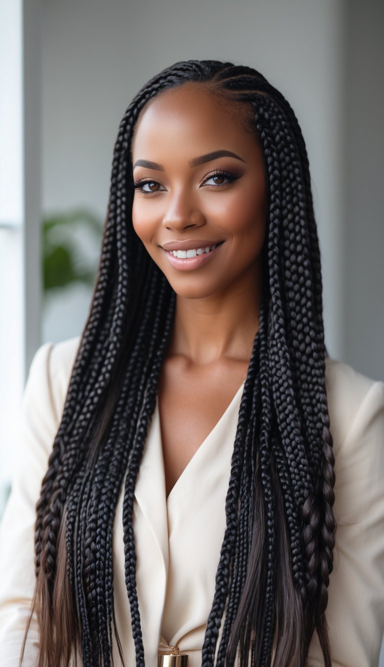 A Black woman smiling with long box braids in a bright, softly lit setting.