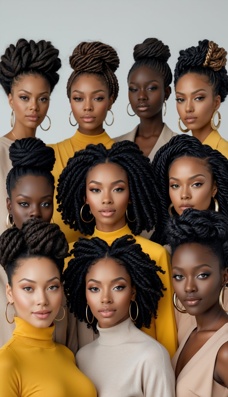 A group of Black women with different Senegalese twists hairstyles posing together in a bright studio.