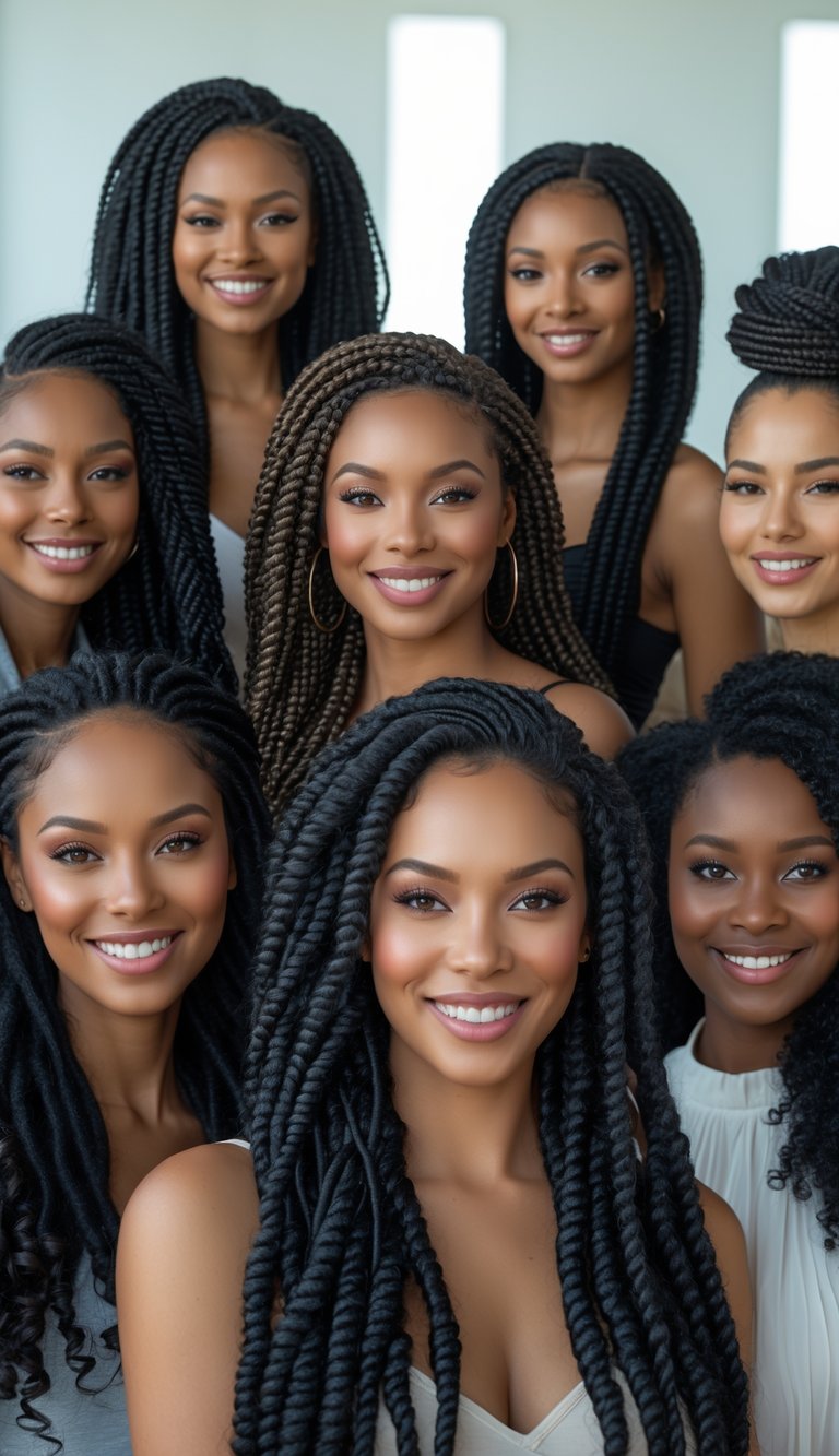 A group of Black women smiling and posing with different crochet braid hairstyles in a bright studio.
