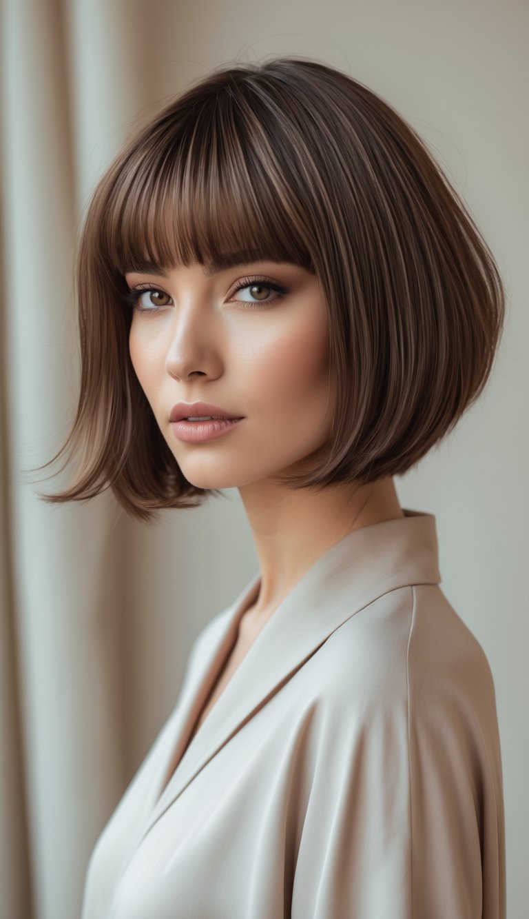 Portrait of a woman with a short layered bob haircut and curtain bangs, looking confidently at the camera against a plain background.