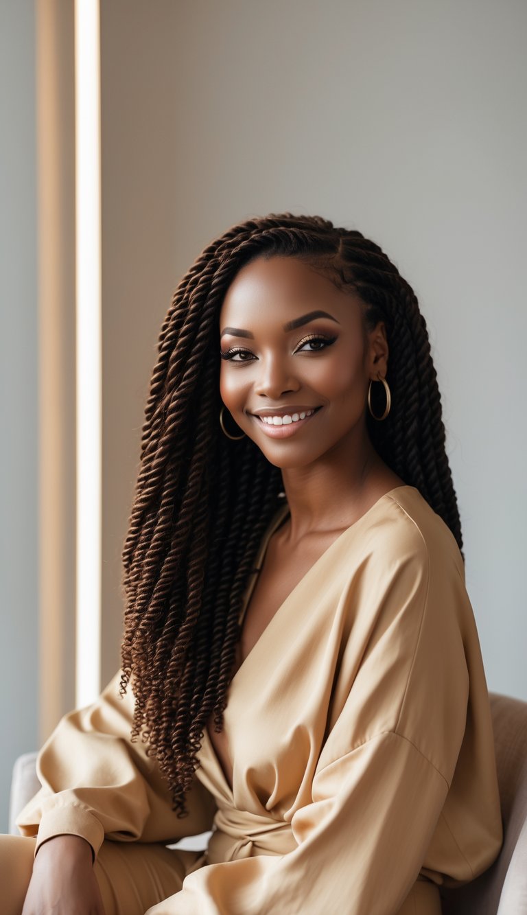 A Black woman with two-strand twists hairstyle smiling against a neutral background.