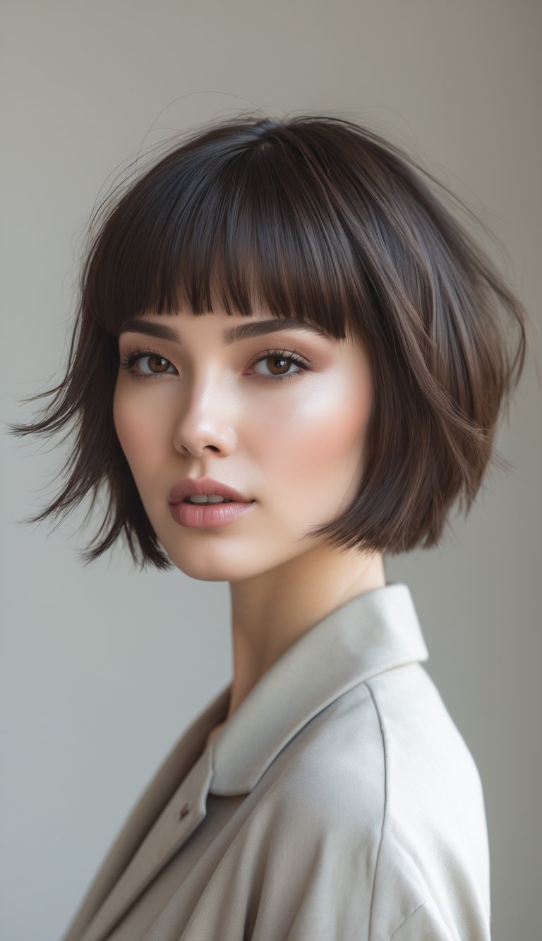 A young woman with a short choppy bob haircut and very short bangs, standing against a plain background.