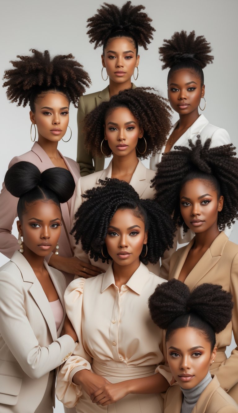 A group of Black women with natural high puff hairstyles posing together in a studio setting.
