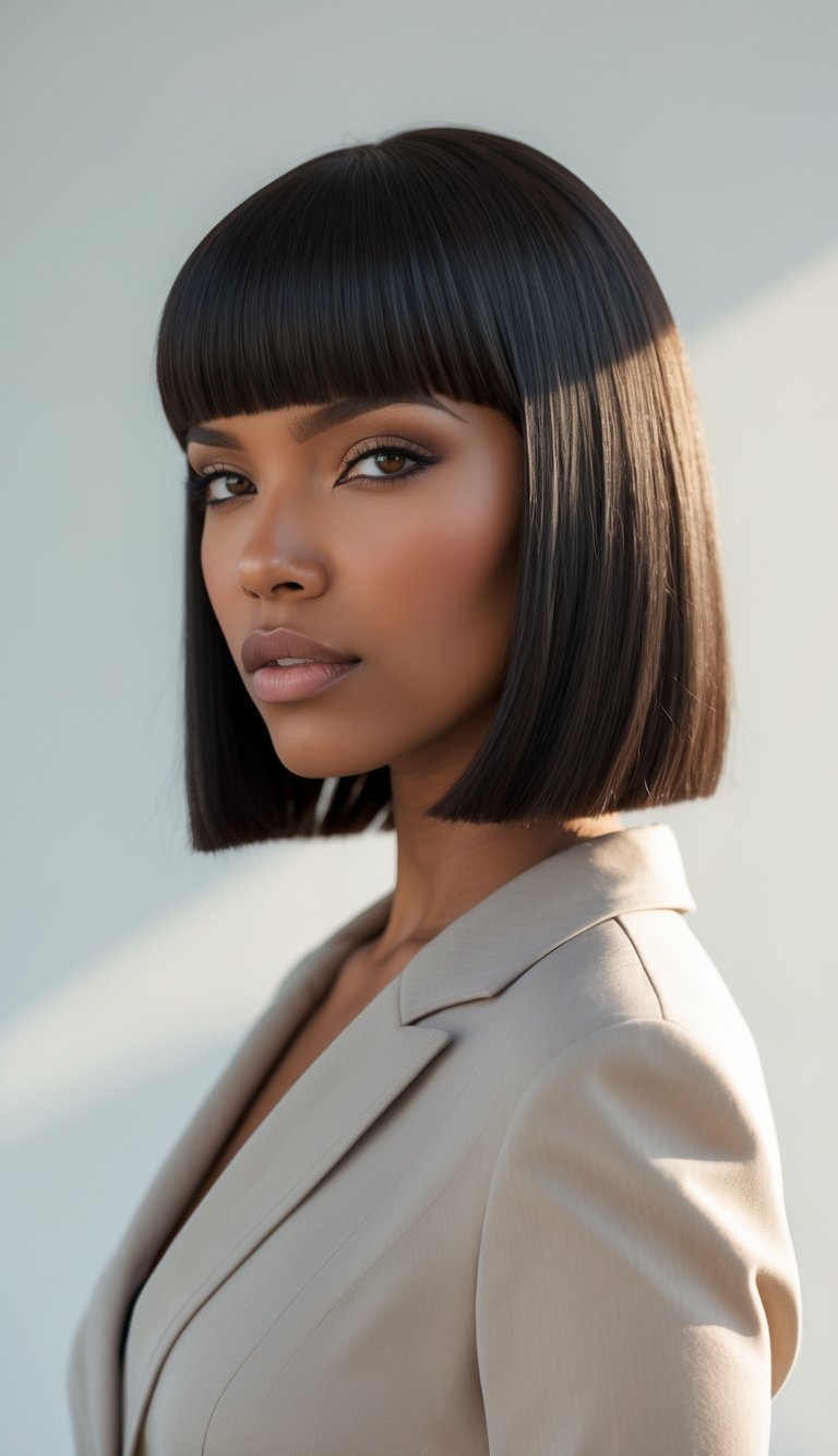 Portrait of a woman with a short bob haircut and straight bangs against a plain background.