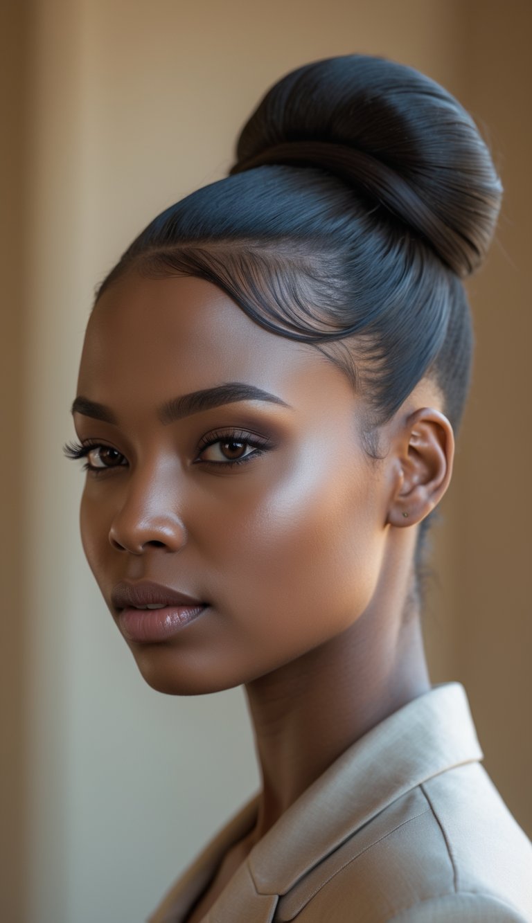 A Black woman with a low bun hairstyle and styled edges, looking confidently at the camera.