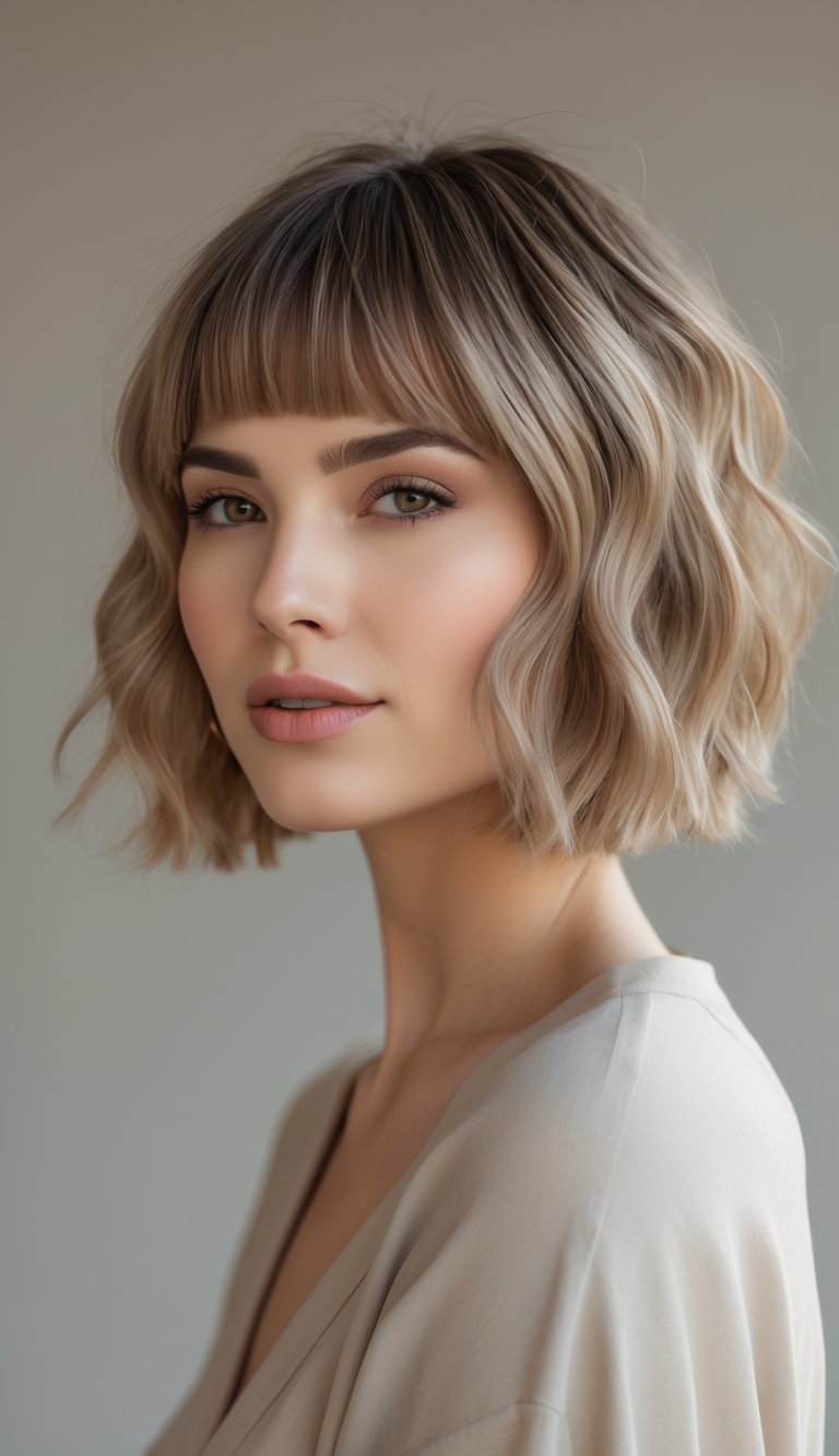 A young woman with a short wavy bob haircut and soft bangs smiling against a neutral background.
