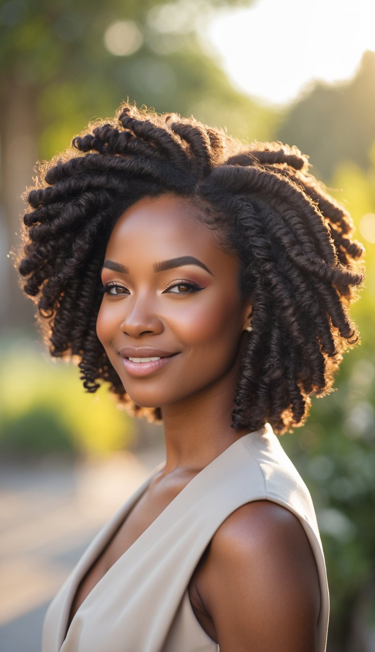 A Black woman outdoors smiling with finger coil afro hairstyle and natural textured hair.