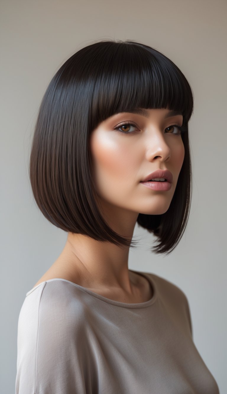 Portrait of a woman with short angled hair and full bangs against a neutral background.