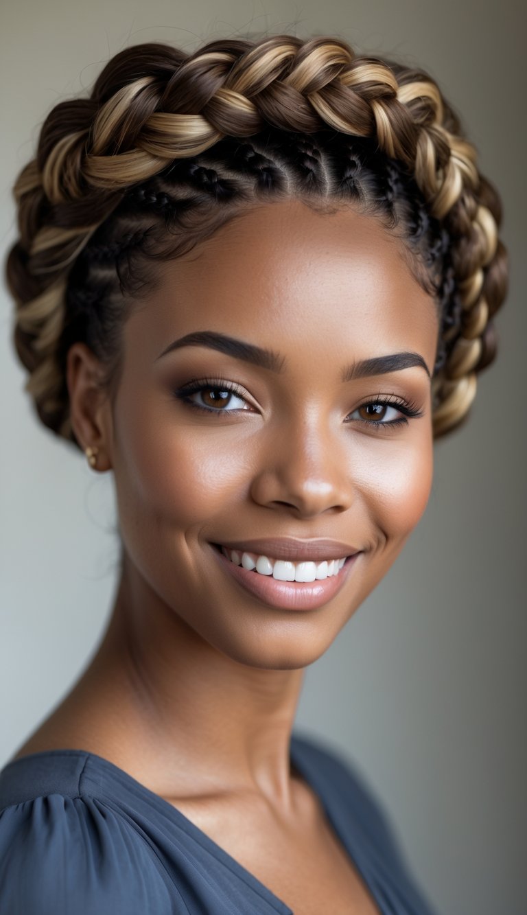 A Black woman with a braided crown hairstyle smiling against a softly blurred background.