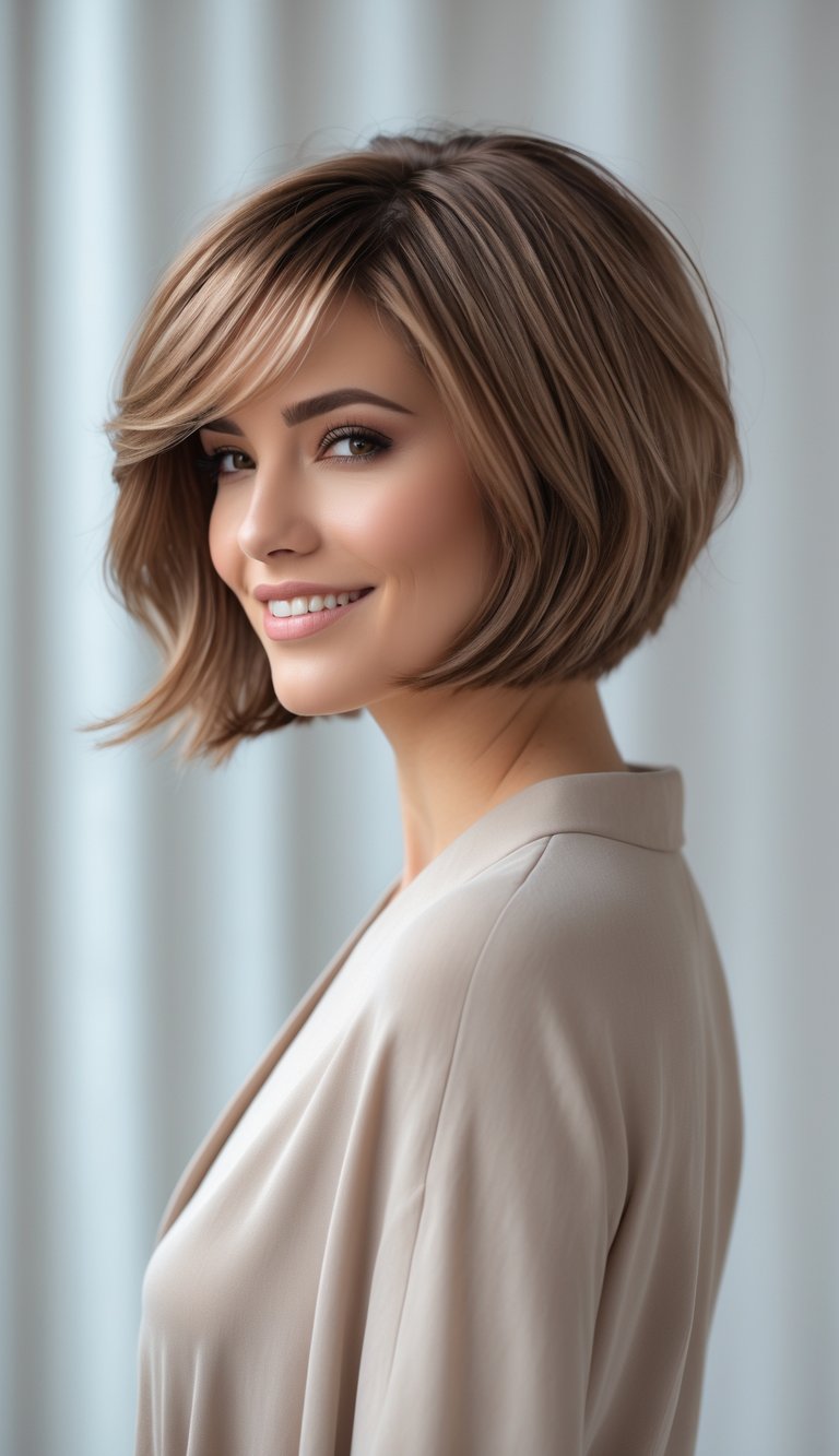 A woman with a short layered bob hairstyle and side-swept bangs smiling gently against a plain background.