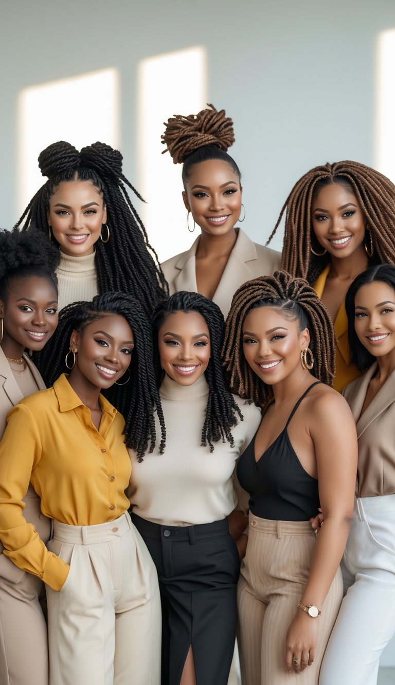 A group of Black women with different Marley twists hairstyles smiling and posing together in a bright studio.