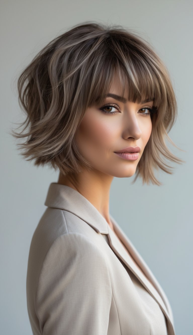 A woman with a short tousled bob haircut and feathered bangs, looking confidently at the camera against a plain background.
