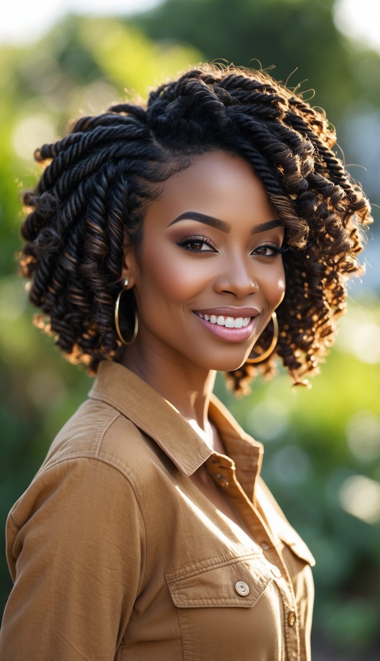 A Black woman outdoors smiling, showing her neatly styled kinky twists hairstyle.