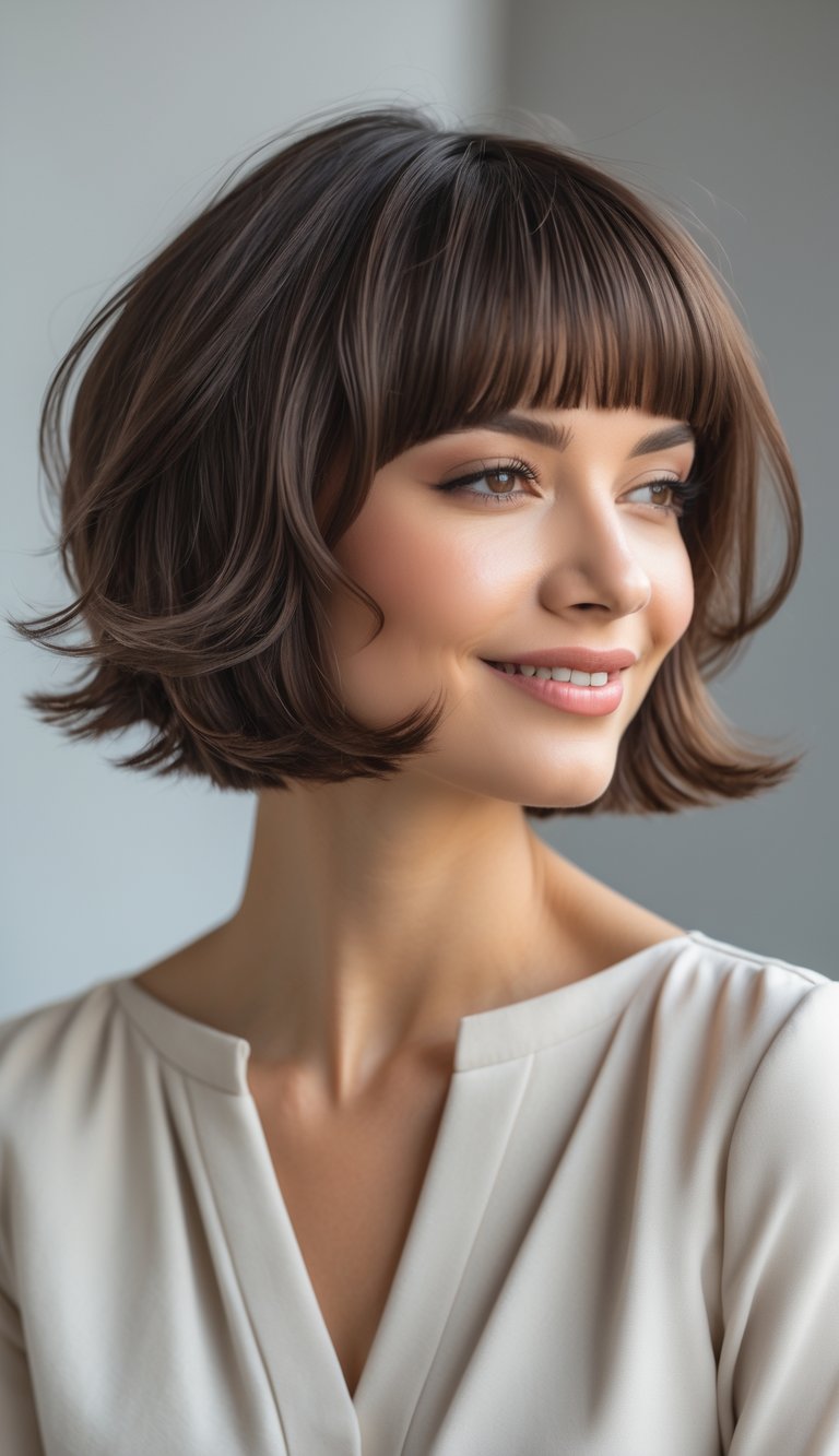 A woman with a short bob haircut and bangs smiling softly against a plain background.